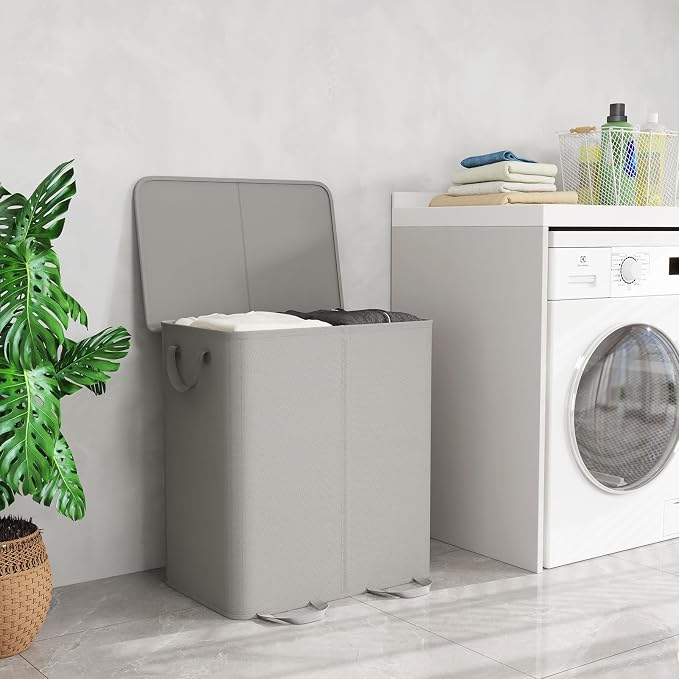 Lifewit Double Laundry Hamper with Lid and Removable Laundry Bags, Large Collapsible 2 Dividers Dirty Clothes Basket with Handles for Bedroom Laundry Room Closet Bathroom College, 136L Silver Gray - Image 6