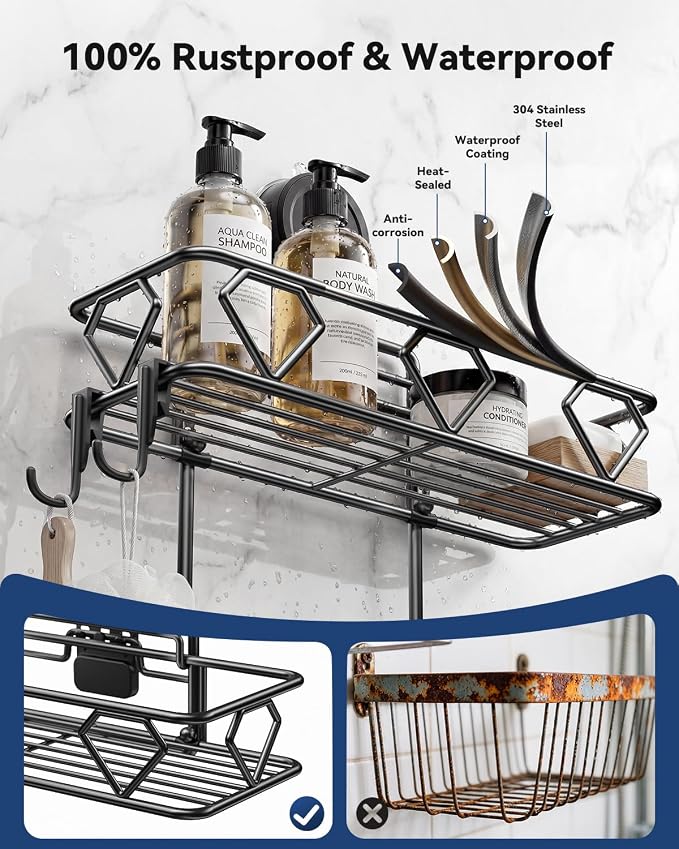 JOTPE Shower Caddy Suction Cup, No Drilling Shower Shelves Hold Up to 40 lbs, Large Capacity Double Layer Bathroom Organizer and Storage with Hooks, Rustproof & Removable Bathroom Shelf, Black - Image 4