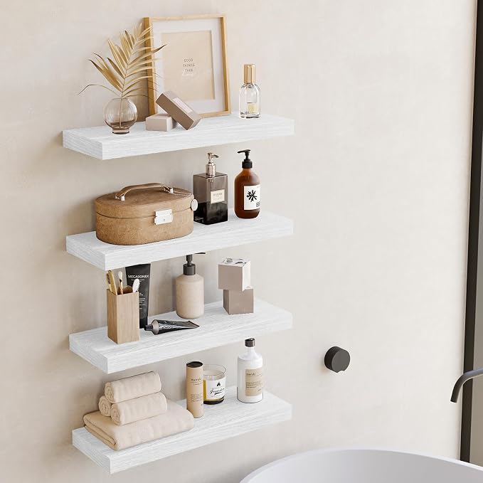 Fixwal White Shelves for Wall, 15.8in Rustic Wood Finish Floating Wall Shelves Set of 4, Shelves for Wall Decor, with Invisible Brackets for Bathroom, Living Room,Bedroom and Kitchen - Image 5