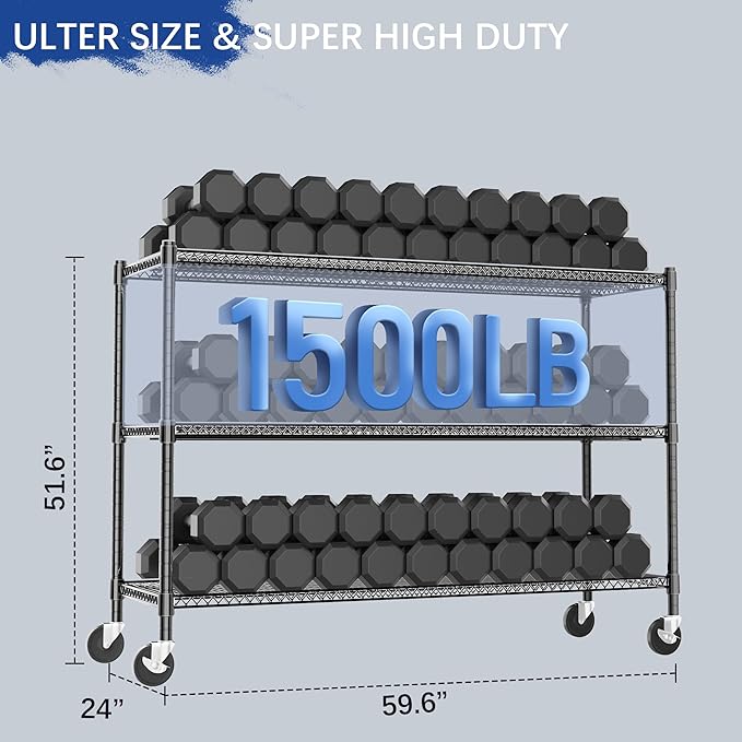 Heavy Duty Shelving, 51.6" H Garage Shelving Unit with Wheels, 3-Tier Garage Storage Shelves Metal Shelves Rack, Adjustable Industrial Shelving for Warehouse Storage, 60" W x 24" D x 51.6" H, Black - Image 3
