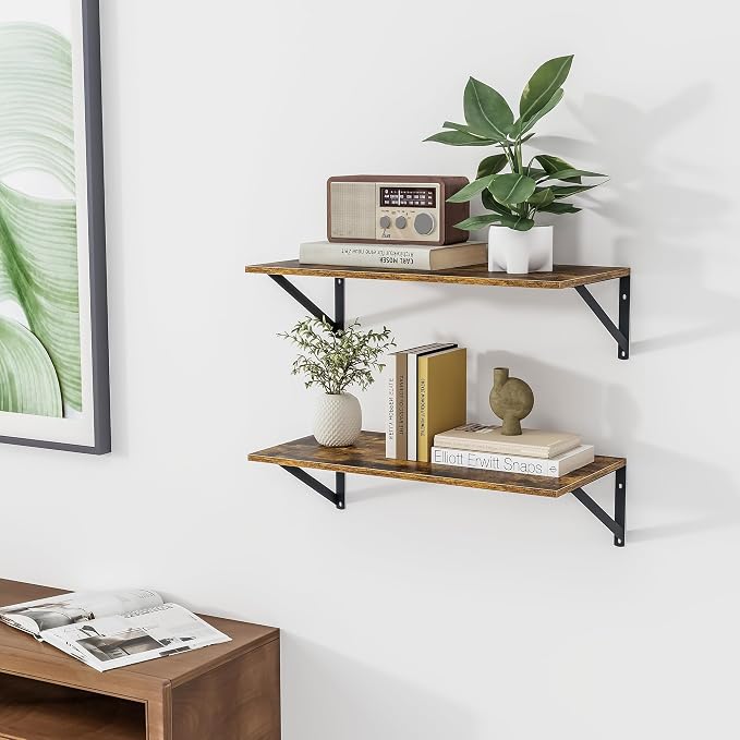 Heimlove Deep Floating Shelves for Wall, 24W x 12D Wood Wall Shelves Set of 2, Wide Floating Bookshelf for Living Room, Kitchen, Office, Bedroom and Decor Storage, with Metal Bracket - Rustic Brown - Image 6