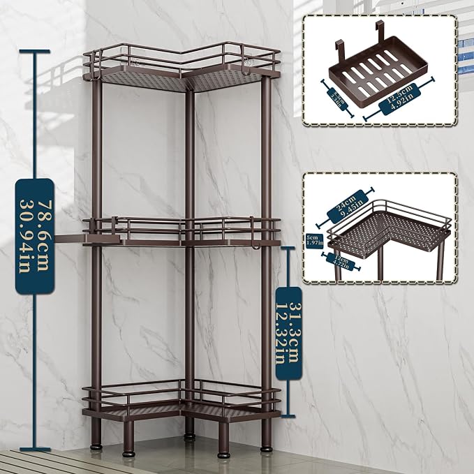 Consumest Corner Shower Caddy Standing - 3-Tier Stainless Steel Shower Organizer with Soap Holder and 4 Hooks, Large Capacity Corner Shelf Stand for Bathroom, Rest Room, Bronze - Image 5