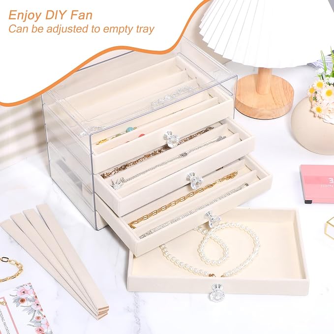 5-Drawer Necklace Organizer Box with Clear Acrylic & Velvet Lining, Beige Necklace Storage Box for Chains, Pendants, Stackable Dustproof Jewelry Holder(9.25 x 5.9 x 6.69 in) - Image 4
