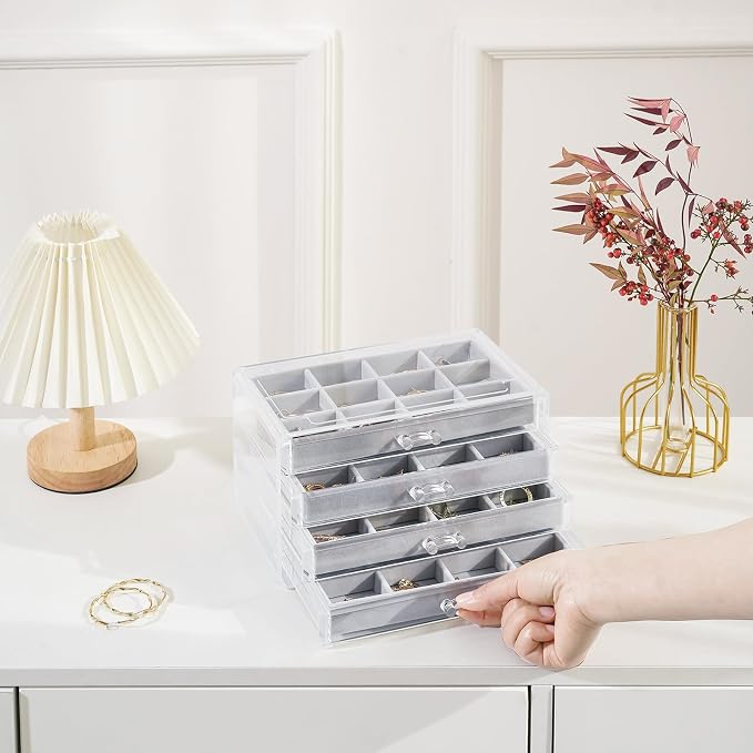 Lolalet Earring Holder Organizer Box Jewelry Storage with 4 Drawers, Clear Acrylic Stackable Earring Case with Adjustable Velvet Trays for Women on Dresser Vanity -Grey, 4 Layers - Image 6