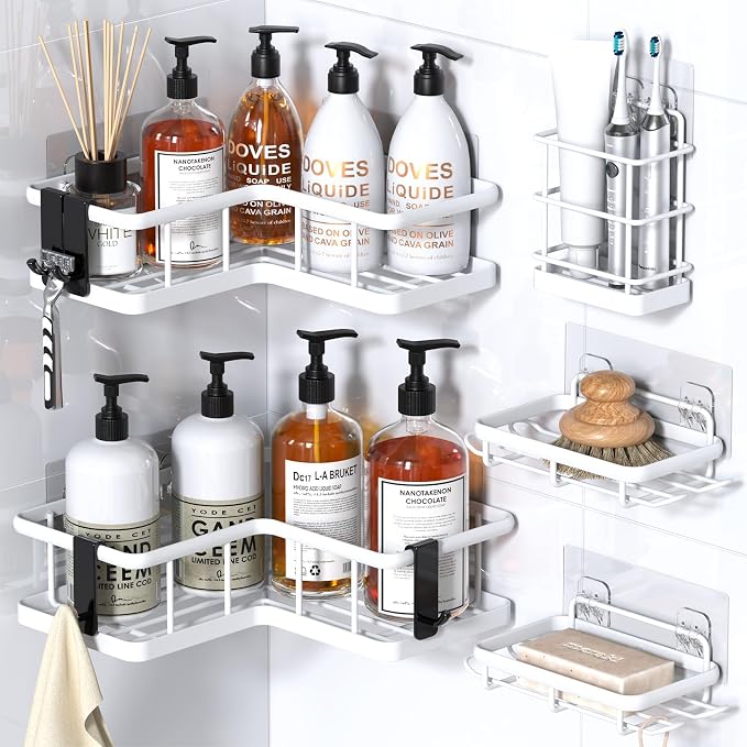 YASONIC Corner Shower Caddy, 5-Pack Adhesive Rustproof Stainless Steel Shower Organizer with Soap Holder, No Drilling Shower Shelf for Inside Shower, Dorm, Renters, White by YASONIC