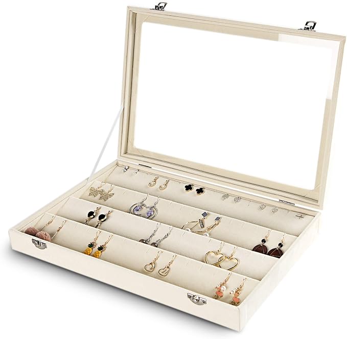 Frebeauty Earring Organizer Tray with Clear Lid 64 Slots Velvet Drawer Insert Earring Storage box with Transparent Glass lid Jewelry Display Case Store Showcase Gifts for Women(Beige, Earrings) by Frebeauty