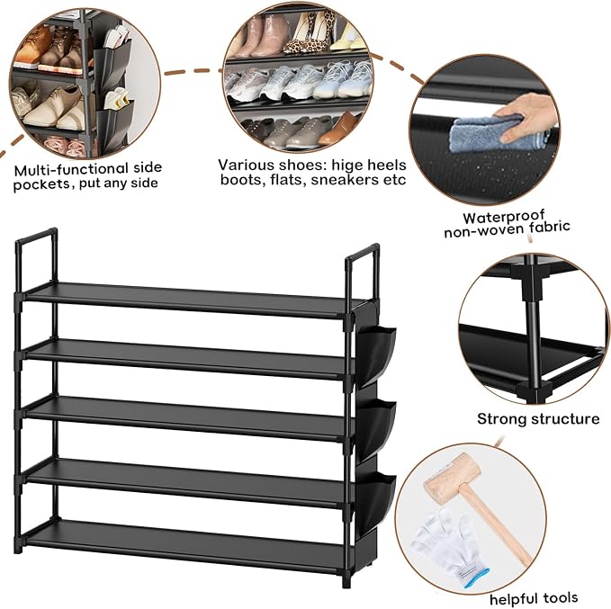 OYREL 5 Tier Shoe Organizer Rack for Closet, Entryway, Garage, Door, Space Saving, Shoe Holder Stand/Tower, Large, 20-25 Capacity - Image 5