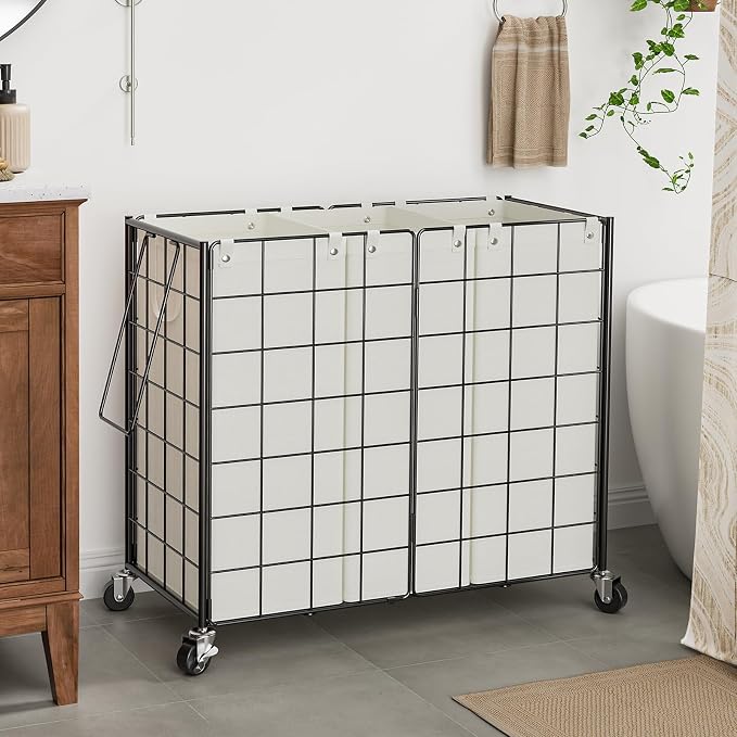 WOWLIVE Laundry Hamper with Wheels,Metal Wire Frame Rolling Laundry Basket 3 Section with Removable bags,150L Dirty Clothes Hamper Organizer Dorm Room Storage for Bedroom,Bathroom,Black and White - Image 2