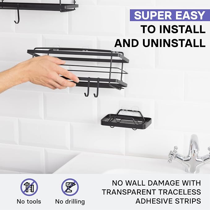 KINCMAX Premium Shower Caddy with Soap Holder, 2-Pack Adhesive Shower Organizer, No Drill Bathroom Shelves, Rustproof Stainless Steel Shelves for Inside, Shower Storage Rack, Matte Black - Image 3