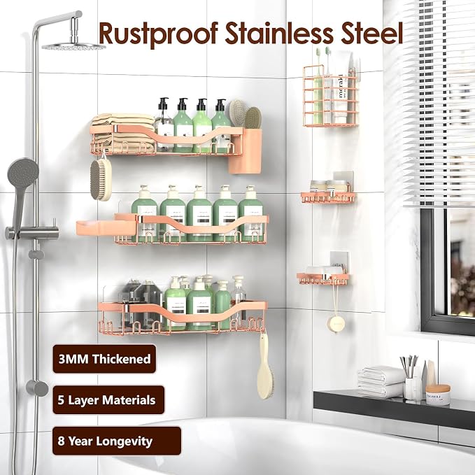 NESOMI Shower Caddy Adhesive Shower Organizer 8-Pack, Rustproof Stainless Steel Bathroom Shelves, Large Capacity No-Drill Rack Storage Accessories with Soap Dish Toothbrush Holder Hooks - Image 5