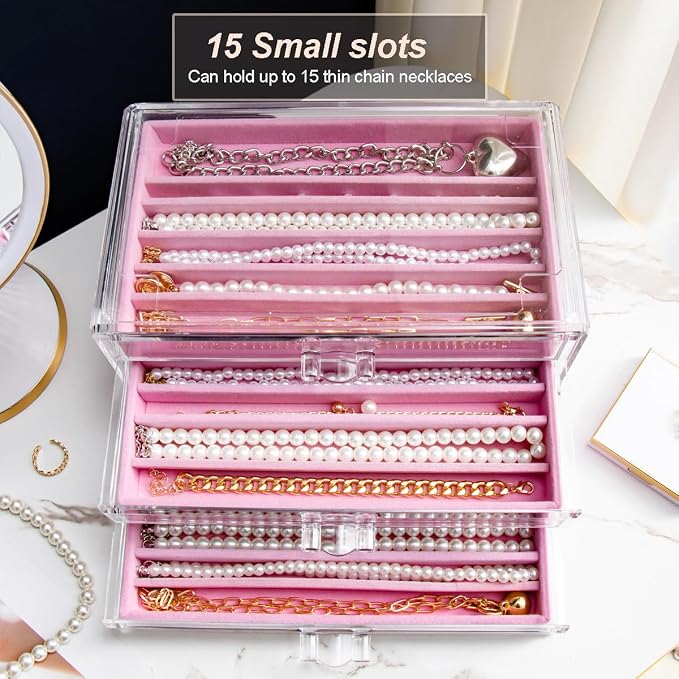 YUFONG Necklace Holder Organizer, Dustproof Necklace Box Velvet Necklace Organizer Box with Lid Clear Acrylic Dustproof Stackable Jewelry Displays for Necklaces Chain Display (Pink, 3 Drawer) - Image 5