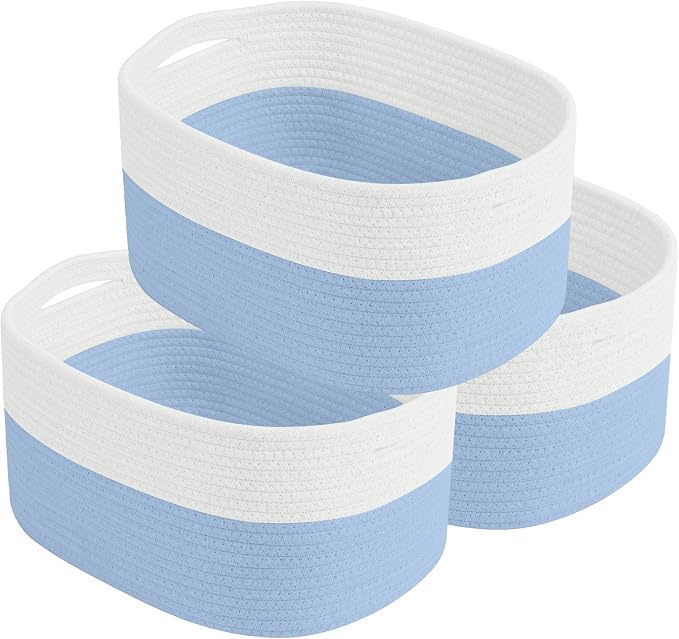 ECDYQXVU Cotton Rope Storage Basket, 15x10x9 Inches, Woven Basket for Shelves, Clothes, Towels, Books, and Laundry, White Blue (3 Pack) by ECDYQXVU