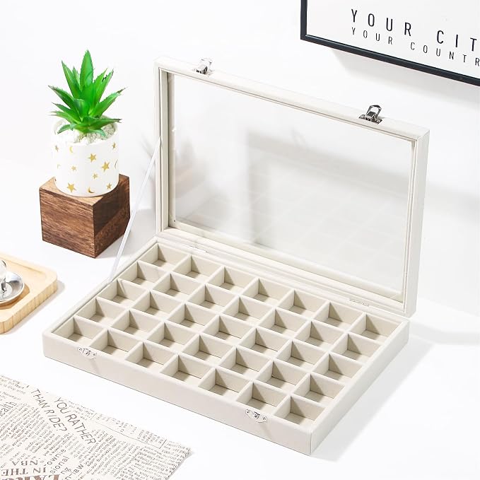 Coward Ring Earring Jewelry Organizer Box, 35 Grids Dustproof Display Holder Case, Beige Velvet Jewelry Bead Display Tray Case with Transparent Glass Lid for Momen Girls - Image 5