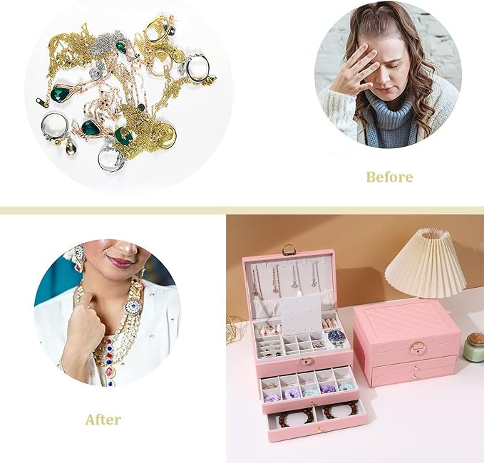 GUOER Jewelry Box for Women Girl Wife 3 Layers Large PU Leather Jewelry Organizer Storage Case with Two Layers Display for Earrings Bracelets Rings Watches PINK - Image 4