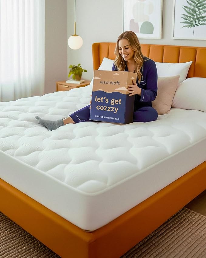 ViscoSoft Copper Pillow Top Cal King Mattress Pad - Soft Overstuffed Premium Cloud-Like Support - Quilted Fiberfilled Mattress Topper with Deep 18" Pocket for Secured Fit