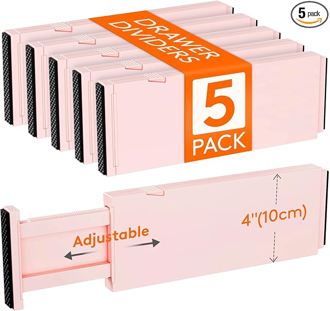 Lifewit 5 Pack 4" High Drawer Dividers 28-43.5cm/11-17" Adjustable Drawer Organizer for Clothes/Utensils, Expandable Drawer Separator in Dresser/Kitchen/Bedroom/Office Organization & Storage Pink by Lifewit