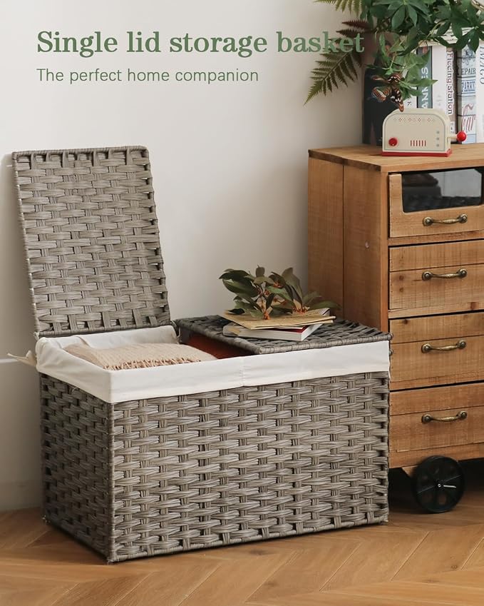 SETVSON Storage Basket with Lid Wicker Baskets for Storage with 2 Separate Lid 42.3 Gallon (160 L) 29.9 x 17.3 x 18.1 Inches Rattan Woven Large Wicker Basket with 2 Liners for Bedroom Laundry Gray - Image 2