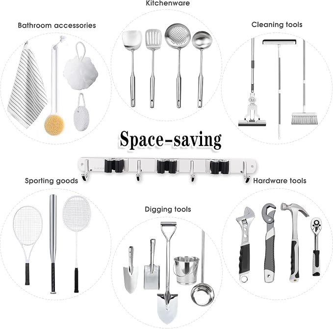 3 Racks and 4 Hooks Broom and Mop Holder Wall Mounted Garage Organizer Storage Tool Racks Stainless Steel Heavy Duty Hooks Self Adhesive Solid Non-slip Wall Hangers for Home Kitchen Garden Laundry - Image 4