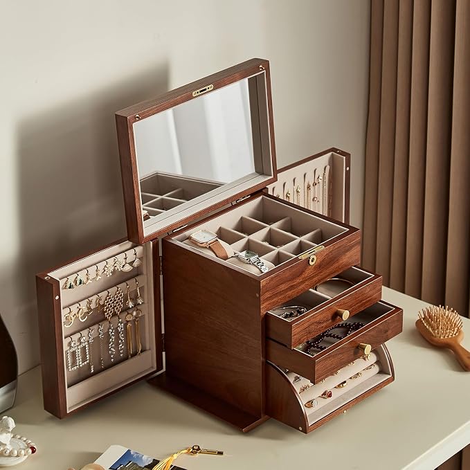 CHOSIN Black Walnut Wooden Jewelry Box, 4 Layer Lockable Organizer with Mirror, Rotatable Ring Holder,Side Doors & Brass Handle, Classical Design for Rings, Necklaces, Mothers Day Gift for Mom - Image 2