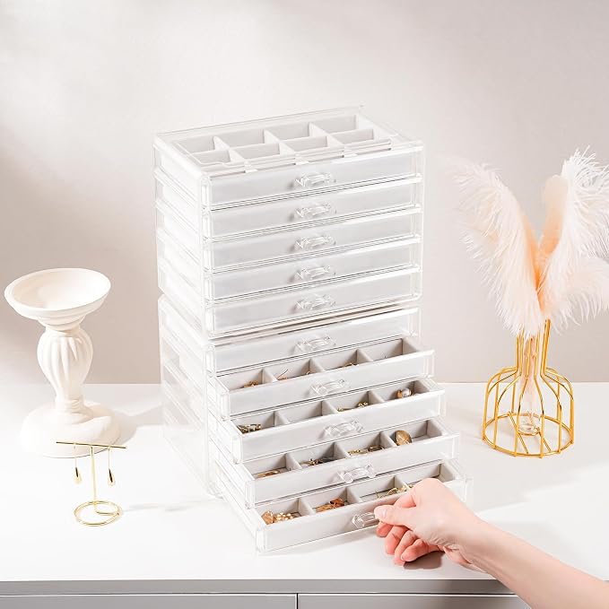 Lolalet Earring Holder Organizer Box Jewelry Storage with 10 Drawers, Clear Acrylic Stackable Earring Case with Adjustable Velvet Trays for Women on Dresser Vanity - Warmwhite,10 Layers - Image 6