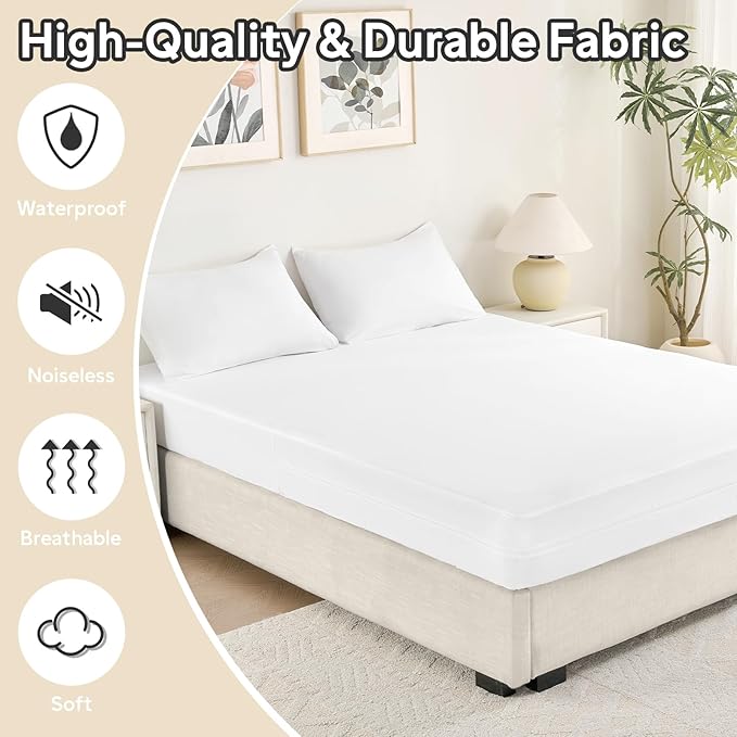 Twin XL Mattress Protector Waterproof (12”-16”Depth) – Premium Zippered Mattress Encasement Bed Cover, Noiseless Breathable Machine Washable Six-Sided Mattress Cover for Bed, White