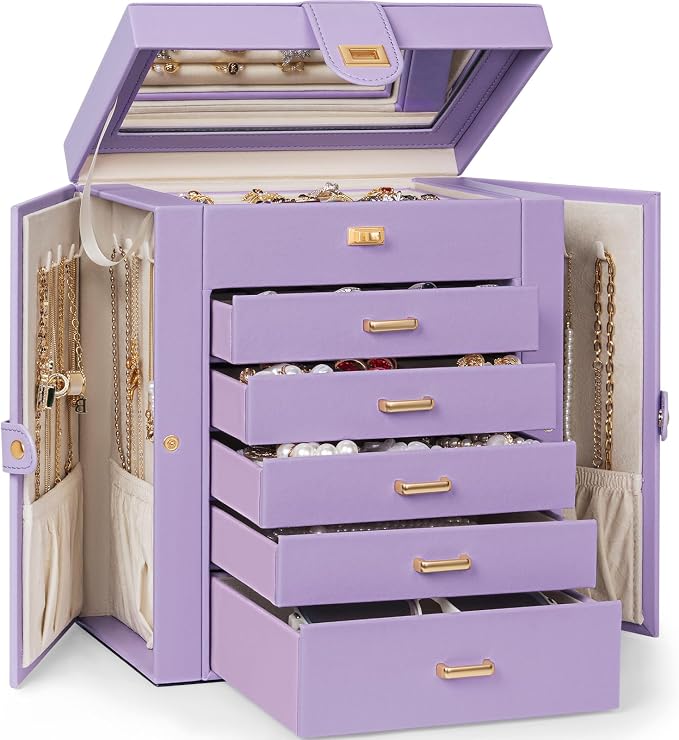 AKOZLIN 6-Tier Jewelry Box Organizer Functional 5 Drawers Leather Jewelry Storage Case for Women Girls Ring Necklace Earring Bracelet Holder Organizer with Mirror Violet by AKOZLIN