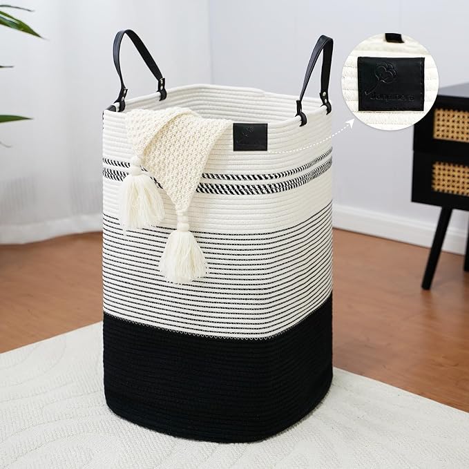 danpinera 75L Woven Laundry Hamper with Long Leather Handles, Baby Laundry Basket for Nursery, Tall Hampers for Bedroom Aesthetic, Decorative Clothes Storage Basket for Family White & Black - Image 2