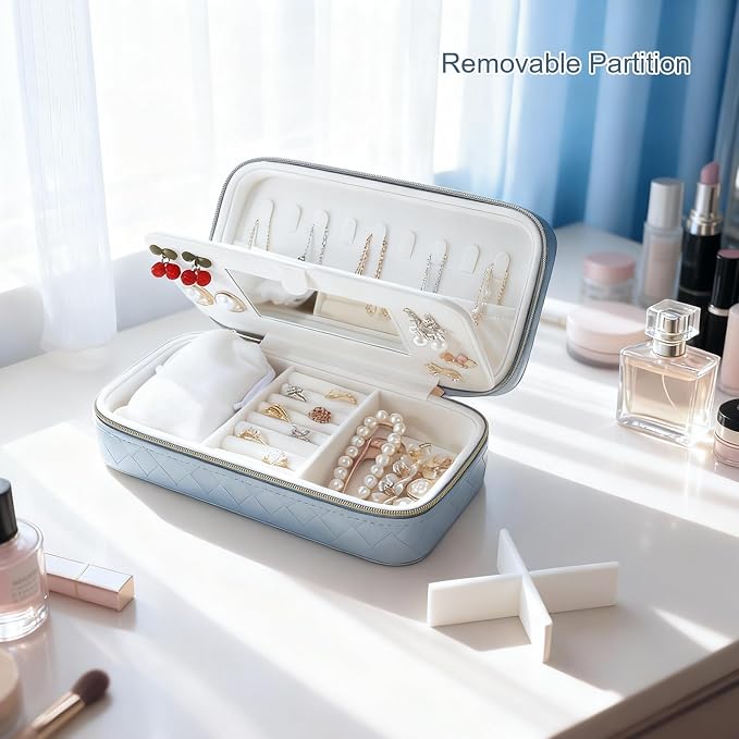 DesignSter Travel Jewelry Case, Woven Embossed PU Leather Jewelry Organizer with Mirror, Small Portable Jewelry Box for Women Rings Necklaces Bracelets Earrings - Image 6
