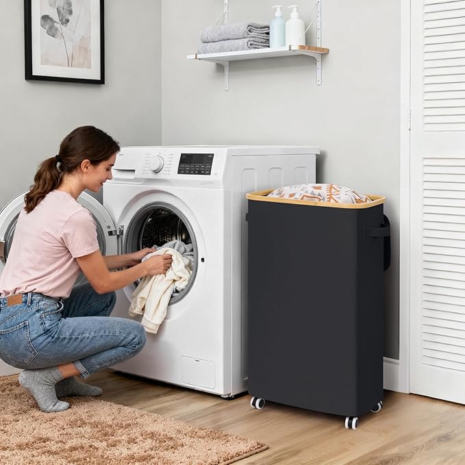 Goodpick Slim Laundry Basket with Wheels and Lid, 75L Rolling Laundry Hamper for Dorm Home Decor, Large Clothes Hamper with Bamboo Frame Removable Bag, Black, 17" x 9.8" x 29.5" - Image 2