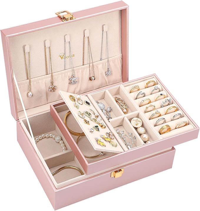 Voova Jewelry Box Organizer for Women Girls, 2 Layer Large Men Jewelry Storage Case, PU Leather Display Jewellery Holder with Removable Tray for Necklace Rings Bracelets,Vintage Gift,Rose Gold by Voova