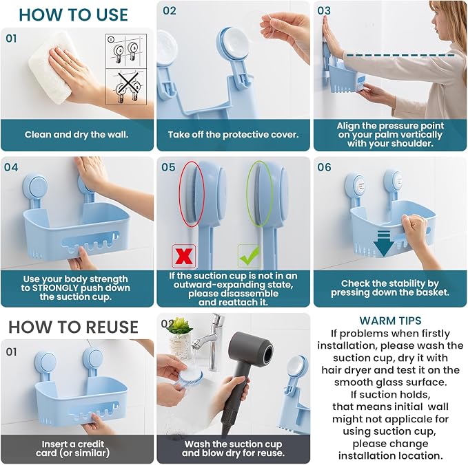 TAILI Shower Caddy Suction Cup 2 Pack, Heavy Duty Bathroom Organizer, Removable Shelves for Inside Shower, Shampoo, Waterproof Suction Plastic Storage for Bathroom Accessories Holder, Blue - Image 6