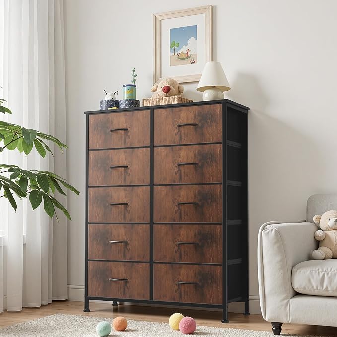 OLIXIS 10 Drawer Tall Dresser with Fabric Bins for Bedroom, Fabric Storage Tower Organizer for Closet Living Room Hallway, Double Chest of Drawers with Steel Frame Wood Top,Black-Brown - Image 2