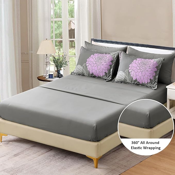 Yiran King Size Comforter Set Grey Purple Comforter Floral Bedding Boho Comforter Set 7 Pieces Soft Microfiber Bed Set for All Seasons 104"×90"