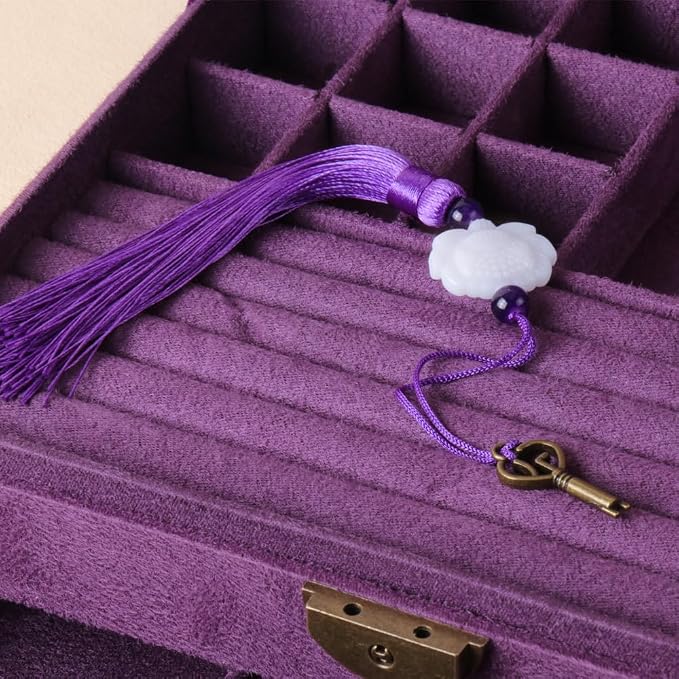 Women Jewelry Box Lockable 3 Layers Large Jewelry Organizer Storage Case for Earrings Necklaces Rings Bracelets,Green Display Jewel Holder (Purple) - Image 5