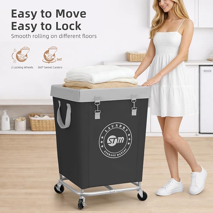 STORAGE MANIAC Commercial Laundry Hamper with Heavy Duty Steel Frame, 160 L Industrial Laundry Basket Cart with Wheels for Hotel, Home, Laundry Room, 17.72''L x 17.72''W x 30.91''H, Medium Black - Image 6