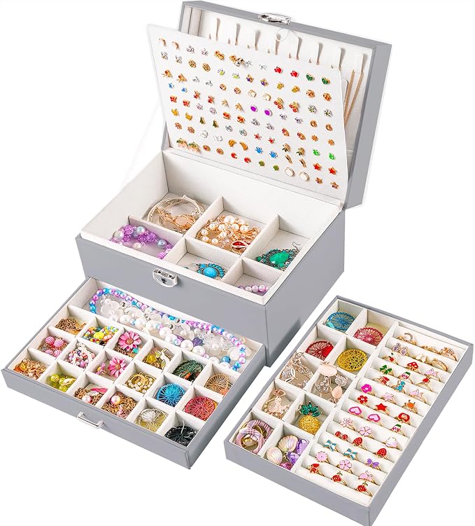 QBestry Earring Jewelry Box for Women Girls Stud Organizers, 5 Layers Grey Jewelry Organizer Box with Lock Necklaces and Earrings Holder Jewelry Box with Earring Organizer for Women Girls Xmas Gifts by QBestry