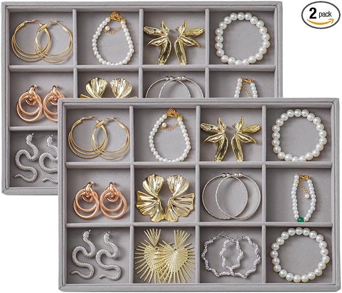 Large Velvet Jewelry Tray 2 Pack Stackable Jewelry Display Drawer Inserts Trays Organizer for Earring Bracelet Necklace Ring (Gray, 12 Grids) by Unknown