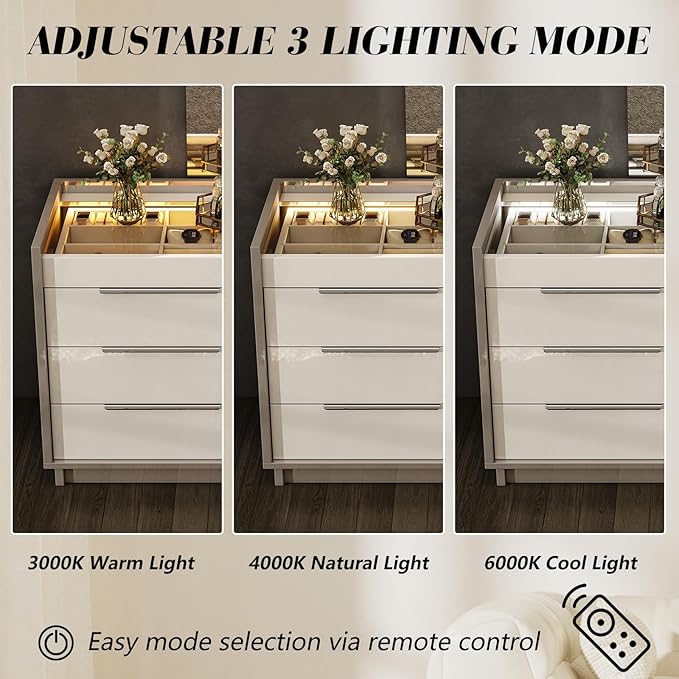 AMERLIFE High Gloss Dresser Set, 3 Piece Bedroom Furniture Set, 8 Drawer Dresser with LED Light & 2 Nightstands with Charging Station, Modern UV Finish, Bedroom Storage Organizer, Cream & Grey