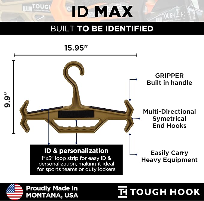Tough Hook ID MAX Heavy Duty Identification Hanger, USA Made 200 Lb Cap, Plate Carrier, Tactical Gear, Scuba BCD, Anti-Slip Wetsuit & Body Armor Organization System with 3 ID Loop Strips 1 Pack TAN - Image 2
