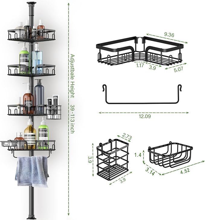 Corner Shower Caddy Tension Pole 4 Tier Adjustable Stainless Steel Shower Shelf for Inside Shower Bathtub Shampoo,Standing Bathroom Organizer Shelves with 39 to 113 inch Height - Image 8