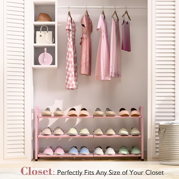 Bumusty 3-Tier Expandable Shoe Rack for Closet, 18“-33” Adjustable Shoe Rack for Small Space, Small Shoe Organizer for Front Door, Sturdy Metal, Pink - Image 3