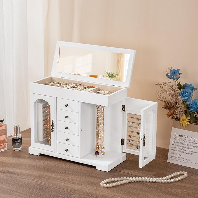 Miratino Jewelry Box for Women Girls, Wooden Jewelry Organizer Box with Mirror, 5 Layer Jewelry Storage Case Display for Necklaces Earrings Rings Bracelets Valentine's Day Gifts - Image 2