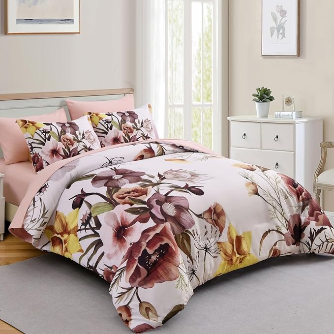 Luxudecor Floral Comforter Set Queen Size 7 Piece, Blush Flower Bed in a Bag, Elegant Floral Comforter with Sheet Set, Soft Microfiber Bedding Set for All Season (Blush, 90"x90")