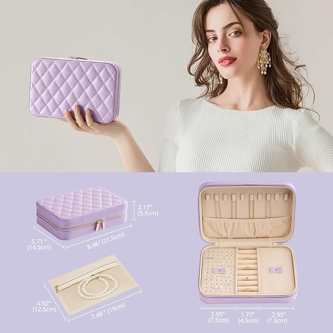 Lolalet Travel Jewelry Case for Women Girls, Travel Jewelry Organizer Box with Mirror & Clear Storage Bag, Small Portable Earring Necklace Bracelet Ring Case, Birthday Valentine Gifts -Medium, Purple - Image 6
