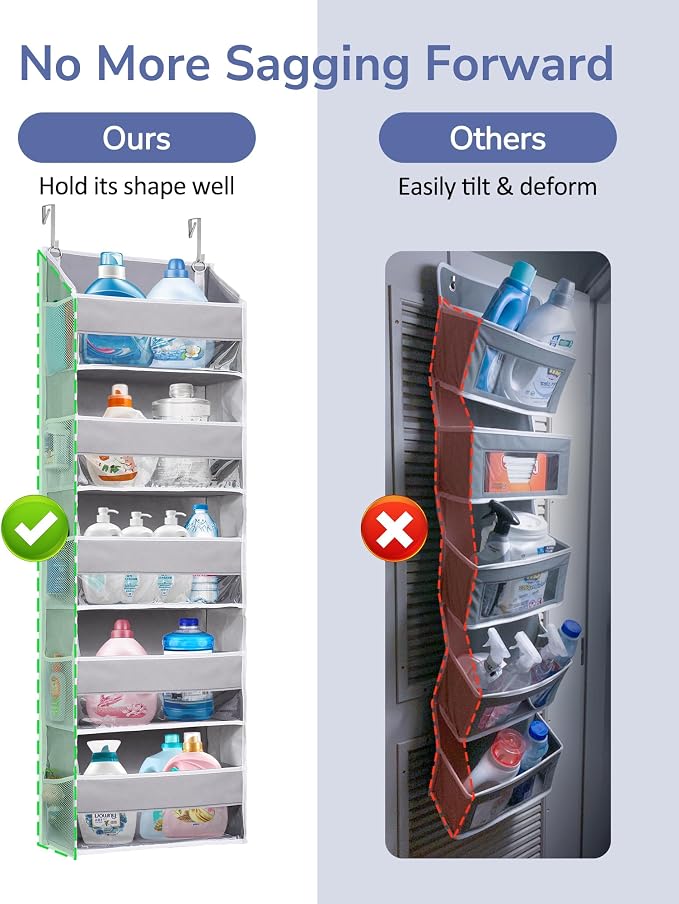 ULG 1 Pack Over Door Organizer with 5 Large Pockets 10 Mesh Side Pockets, 44 lbs Weight Capacity Hanging Storage Organizer with Clear Window for Kids Toys, Shoes, Diapers, Grey, 5 Layer - Image 2
