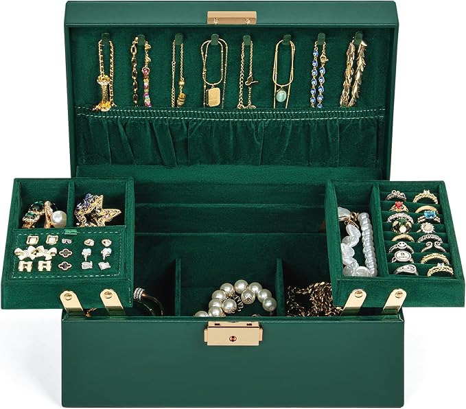 AKOZLIN Travel Jewelry Box Organizer Functional 2-trays Leather Jewelry Storage Case with Lockable Portable for Women Girls Ring Necklace Earring Bracelet - Image 2