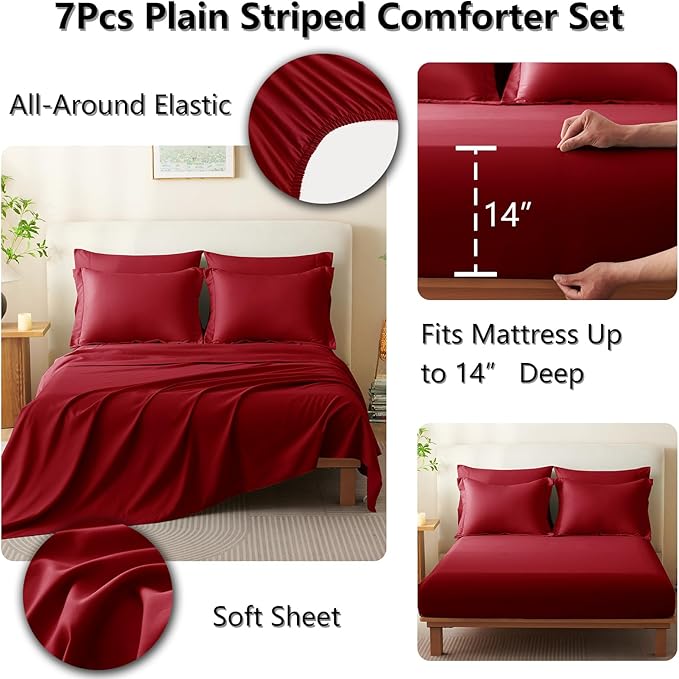 CozyLux King Comforter Set - 7 Pieces Bed in a Bag Dark Red Comforter Set with Sheets Luxury Bed Set All Seasons, Soft Bedding Set with Down Alternative Comforter, Sheets, Pillowcases & Shams