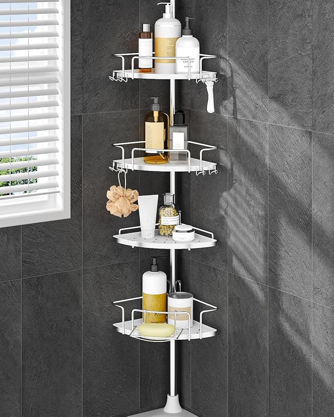 ALLZONE Corner Shower Caddy Tension Pole, 4 Hang-On Basket with Mixed-Height Shelves for Various Bottle Sizes, Extra Hooks & Soap Holder, Rustproof Stainless Steel, Fits 34–116 Inch, Silver/White by ALLZONE