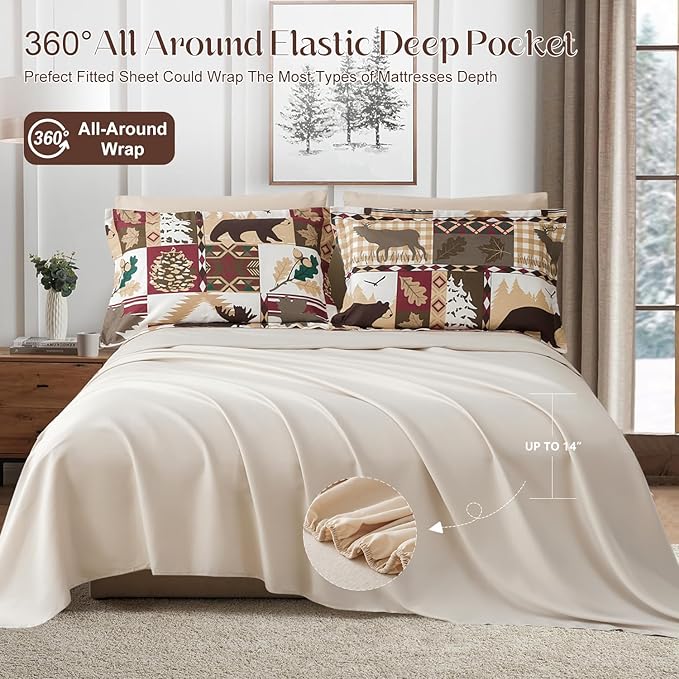 Comforter Set King Size Plaid Patchwork Comforter Bedding-7 Piece Bed in a Bag,Soft Reversible Bear Moose Microfiber Bedding Set(1 Comforter,1 Flat Sheet,1 Fitted Sheet,2 Pillowcases,2 Pillow Shams)
