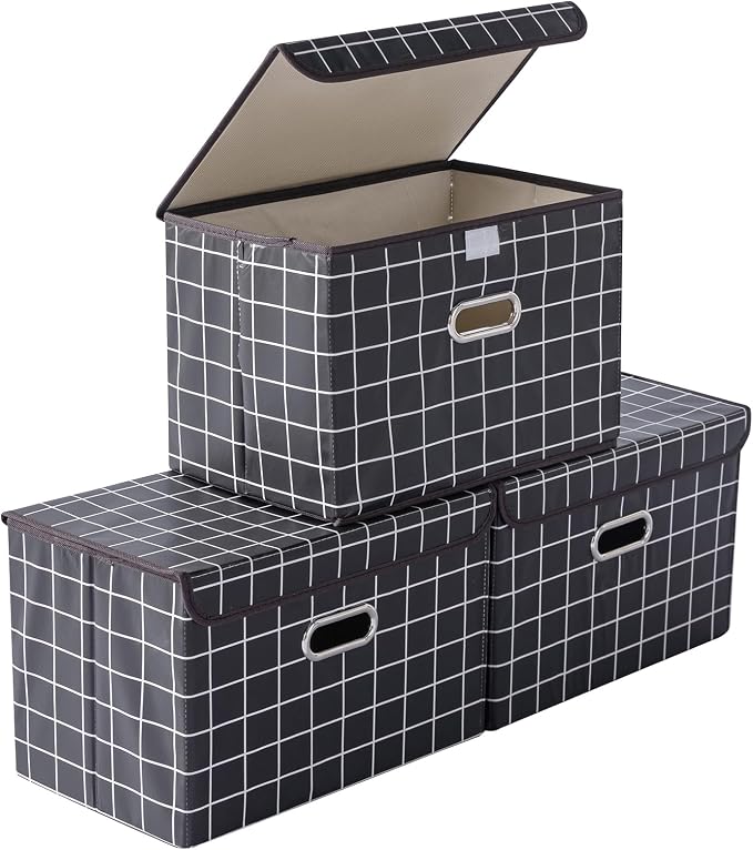 STOREONE Fabric Storage Cube Bins Foldable Organizer Container Collapsible Basket with Lids and Metal Handles, for Home, Bedroom, Closet 3 Pcs (Black grid) by STOREONE